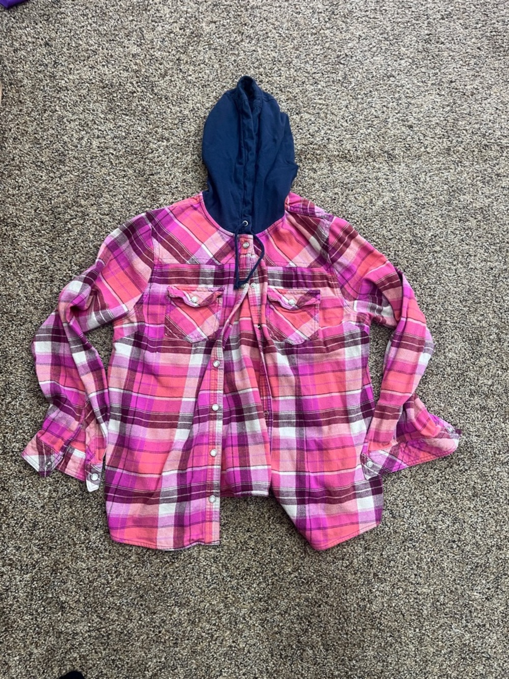 Legendary Whitetails Pink and Navy Plaid Button-Down Shirt with Hoodie